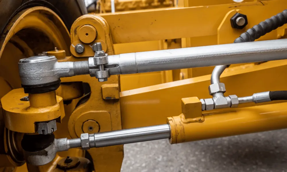 Close-up of hydraulic cylinder, steel rods, and mechanical components on yellow heavy equipment